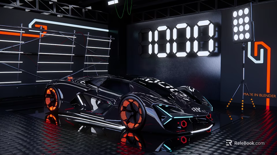 Futuristic Black Sports Car With Orange Wheels Neon Lights And Digital Display Showroom 3d model 