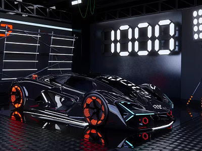 Futuristic Black Sports Car With Orange Wheels Neon Lights And Digital Display Showroom 3d model