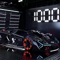 Futuristic Black Sports Car With Orange Wheels Neon Lights And Digital Display Showroom