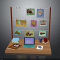 Wooden Display Stand With Red Frame Hanging Colorful Food Images And Table Items