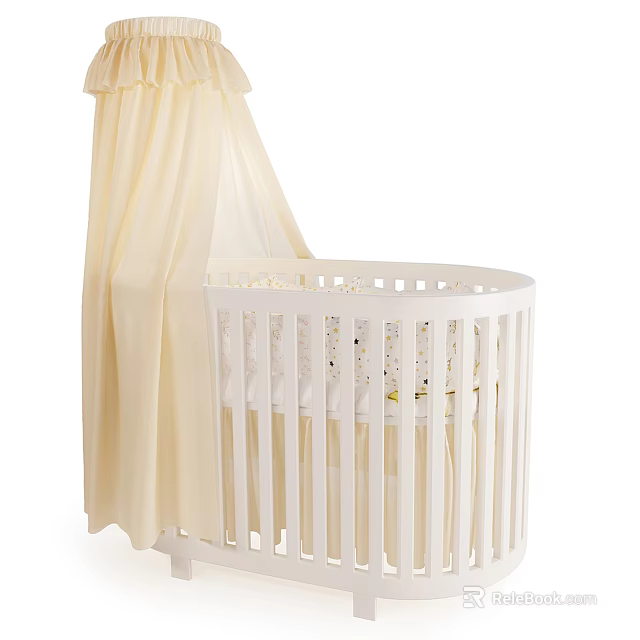 White Wooden Baby Crib With Canopy And Simple Design For Nursery Room 3d model 
