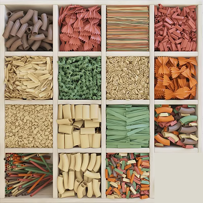 Assorted Pasta With Various Shapes And Different Colors In Wooden Divided Compartments 3d model
