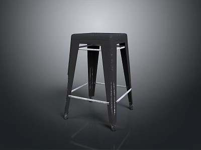 Black Metal Stool With Four Legs And Crossbar On Dark Reflective Surface 3d model
