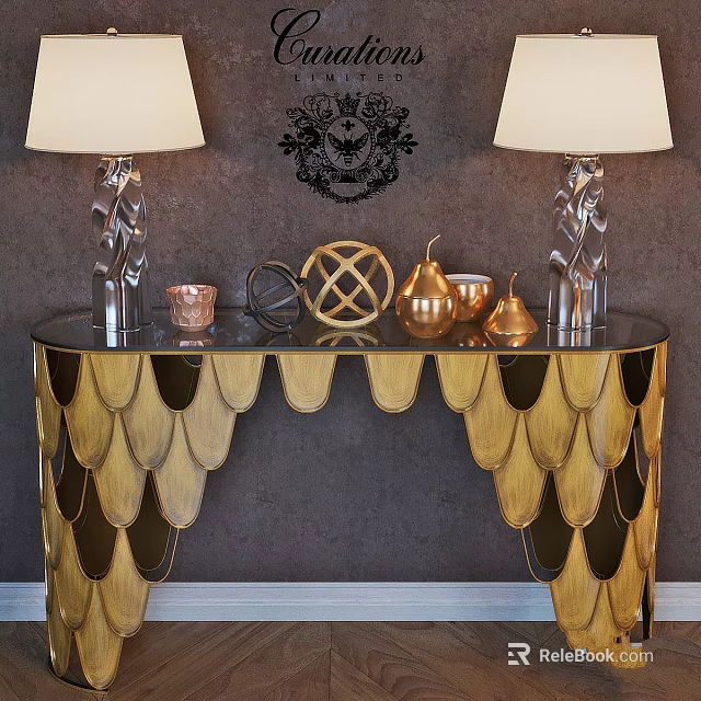 Elegant Functional Table with Glass Top Golden Fish Scale Legs Table Lamps and Decorative Items 3d model 