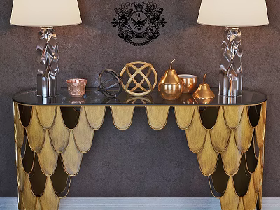 Elegant Functional Table with Glass Top Golden Fish Scale Legs Table Lamps and Decorative Items 3d model