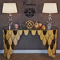Elegant Functional Table with Glass Top Golden Fish Scale Legs Table Lamps and Decorative Items
