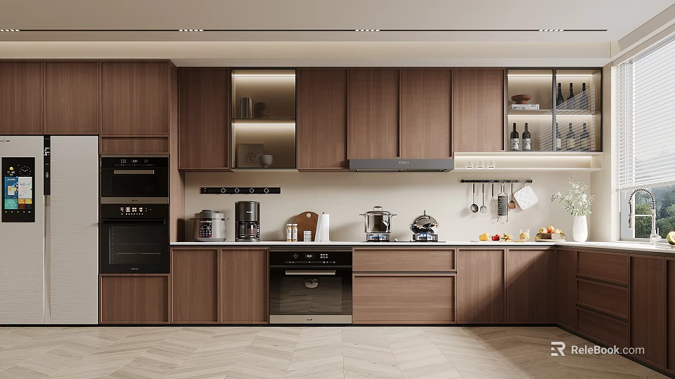 Modern Kitchen Interior With Wooden Cabinets Open Shelves And Countertop Appliances 3d model 