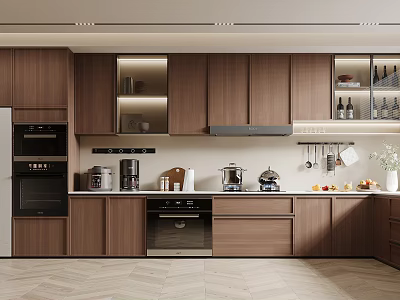 Modern Kitchen Interior With Wooden Cabinets Open Shelves And Countertop Appliances 3d model