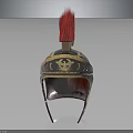 Ancient Ornamental Helmet with Red Plume Golden Decorations and Blue Accents