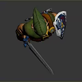 Man in Green Hat and Yellow Beard Wearing Green Outfit with Sword and Shield