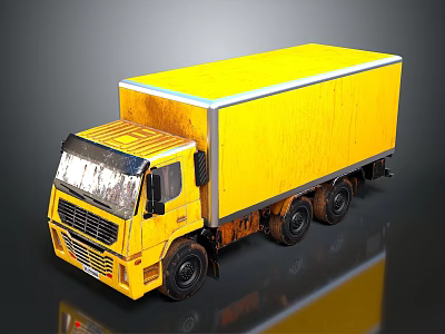 Yellow Enclosed Box Truck with Six Wheels and Shiny Reflective Exterior 3d model