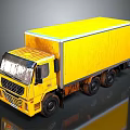 Yellow Enclosed Box Truck with Six Wheels and Shiny Reflective Exterior