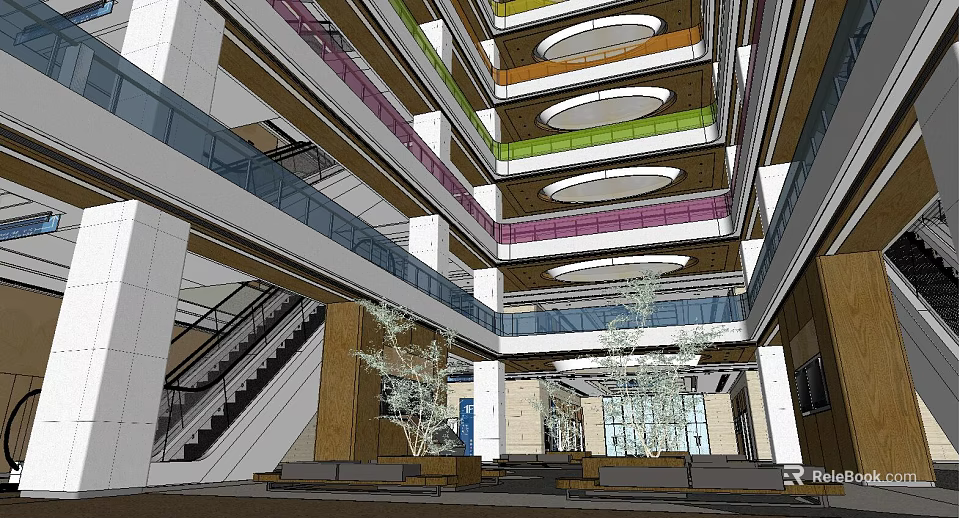Modern Atrium Interior Design With Multi Level Balconies Colorful Beams Staircase And Plants 3d model 