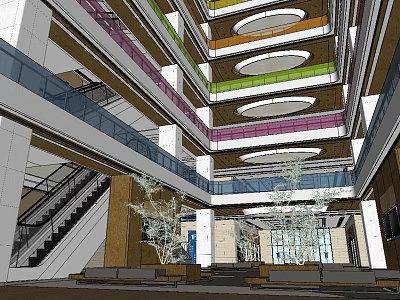 Modern Atrium Interior Design With Multi Level Balconies Colorful Beams Staircase And Plants 3d model