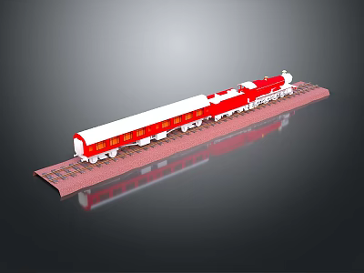 Red and White Model Train on Tracks with Detailed Carriages and Classic Design 3d model