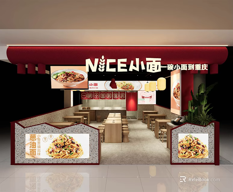NICE Noodle Restaurant Interior With Red Signage Noodle Display And Wooden Tables 3d model 
