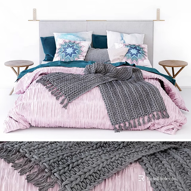 Cozy Double Bed With Pink Quilt Gray Knitted Blanket Colorful Pillows And Wooden Side Tables 3d model 