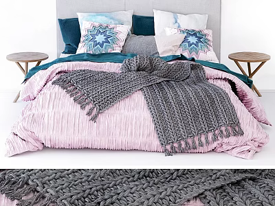Cozy Double Bed With Pink Quilt Gray Knitted Blanket Colorful Pillows And Wooden Side Tables 3d model