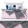 Cozy Double Bed With Pink Quilt Gray Knitted Blanket Colorful Pillows And Wooden Side Tables