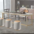 Elegant Tea Table with Marble Top Gold Legs and Light-colored Chairs White Pleated Stools 3d model