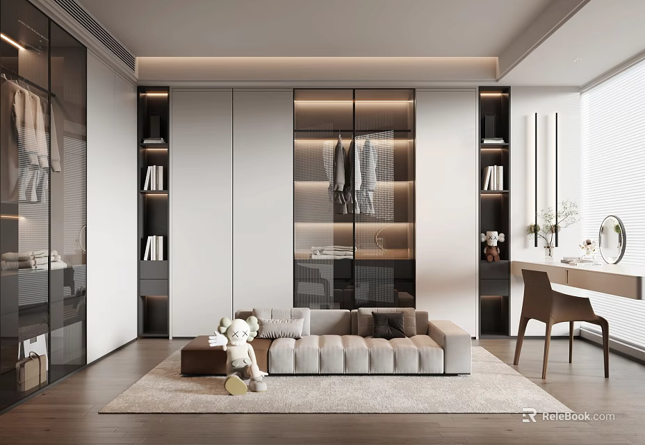 Modern Walk in Closet Interior Design With Open Shelves Glass Door Cabinets And Soft Lighting 3d model 