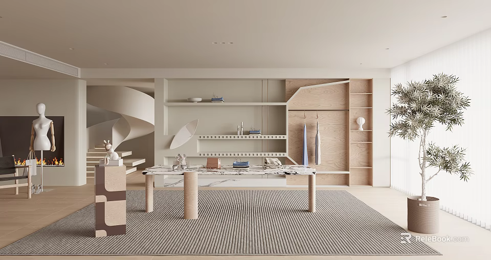Elegant Modern Clothing Store Interior With Open Display Racks Clothes And Plants 3d model 