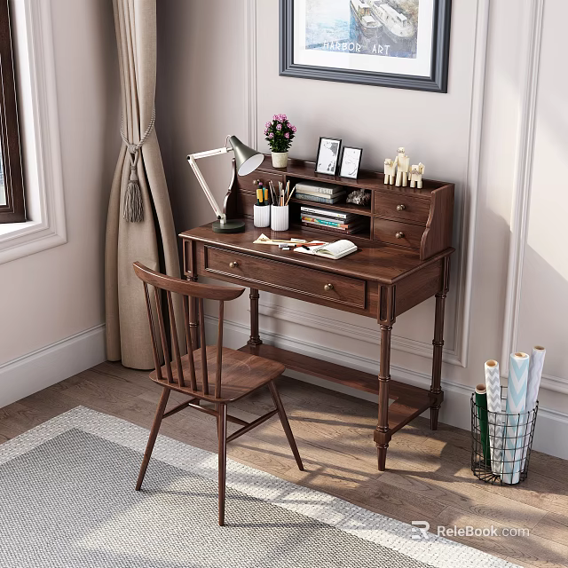 Wooden Home Office Desk With Matching Chair Table Lamp Books Photo Frames And Potted Plant 3d model 