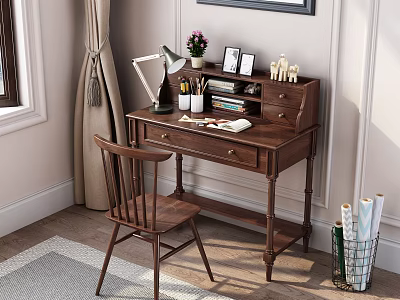 Wooden Home Office Desk With Matching Chair Table Lamp Books Photo Frames And Potted Plant 3d model