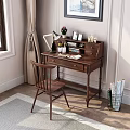 Wooden Home Office Desk With Matching Chair Table Lamp Books Photo Frames And Potted Plant