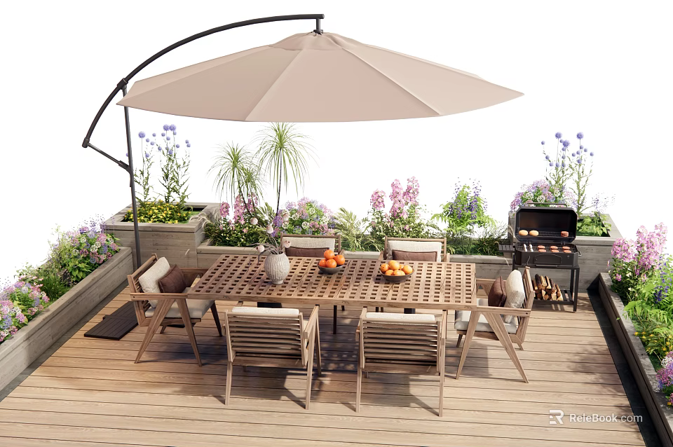 Outdoor Wooden Table With Umbrella Chairs Grill On Deck Surrounded By Plants And Flowers 3d model 