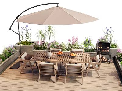 Outdoor Wooden Table With Umbrella Chairs Grill On Deck Surrounded By Plants And Flowers 3d model