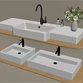 Double Layered Bathroom Washbasins With Wooden Shelves White Countertops Faucets Vase And Toiletries