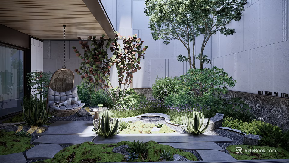 Serene Courtyard Garden With Wicker Seating Lush Plants Stone Path And Natural Decor 3d model 
