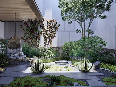 Serene Courtyard Garden With Wicker Seating Lush Plants Stone Path And Natural Decor 3d model