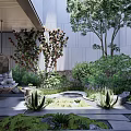 Serene Courtyard Garden With Wicker Seating Lush Plants Stone Path And Natural Decor