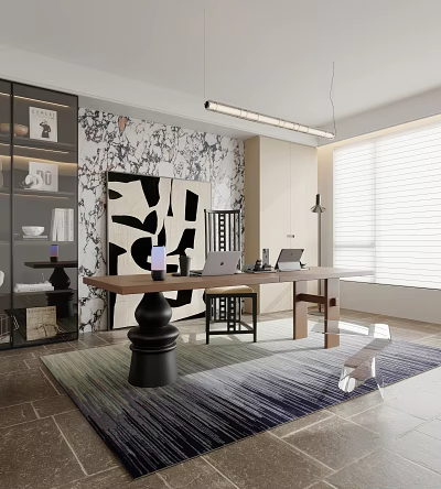Modern Study Room Interior With Abstract Painting Wooden Desk Glass Bookshelf Laptop And Blinds 3d model