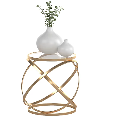 Stylish Side Table with Gold Intertwined Metal Frame and Glass Top Adorned with White Vases and Green Plant 3d model