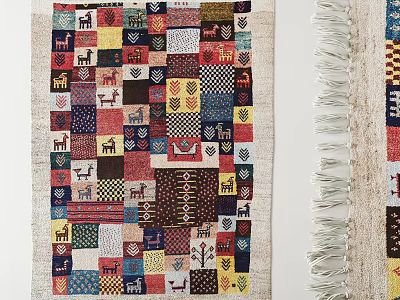 Vibrant Patchwork Square Rug Featuring Animal Geometric Patterns And Fringed Edges 3d model