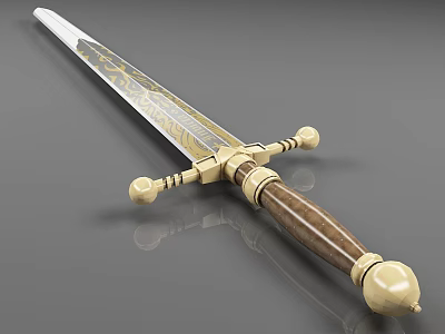 Medieval Sword With Golden Decorations Brown Wooden Hilt And Engraved Blade 3d model