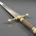 Medieval Sword With Golden Decorations Brown Wooden Hilt And Engraved Blade