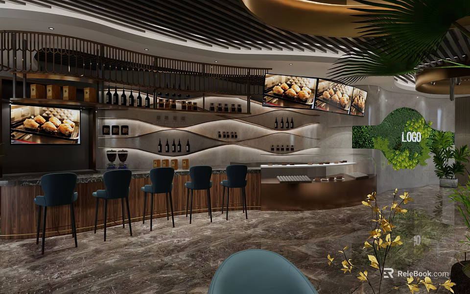 Modern Cafe Interior Design With Bar Counter Bar Stools Wine Racks And Decorative Plants 3d model 