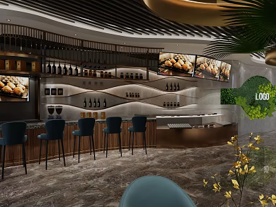 Modern Cafe Interior Design With Bar Counter Bar Stools Wine Racks And Decorative Plants 3d model