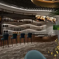 Modern Cafe Interior Design With Bar Counter Bar Stools Wine Racks And Decorative Plants