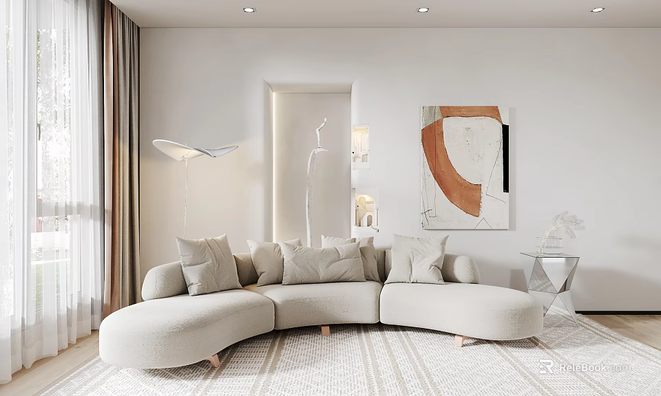 Beige Curved Sectional Sofa in Modern Living Room with Floor Lamp Abstract Painting and Curtains 3d model 