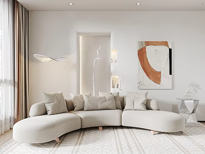 Beige Curved Sectional Sofa in Modern Living Room with Floor Lamp Abstract Painting and Curtains 3d model