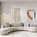 Beige Curved Sectional Sofa in Modern Living Room with Floor Lamp Abstract Painting and Curtains