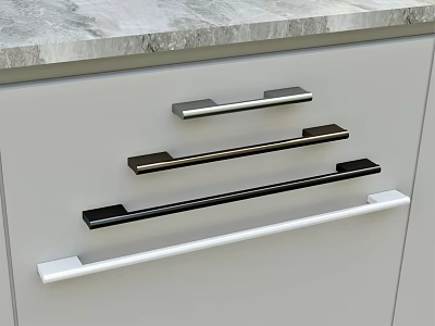 Modern Cabinet Handles In Various Colors Installed On Gray Cabinet Doors 3d model