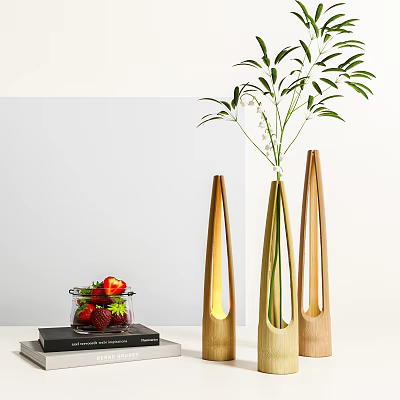 Modern Wooden Vases With Lily Of The Valley And Glass Bowl Of Strawberries On Books 3d model