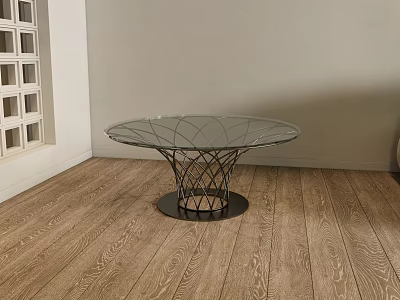 Modern Round Glass Top Coffee Table With Metal Mesh Base In Wooden Floor Room 3d model