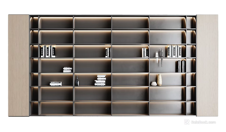 Modern Bookshelf Interior Design With Layered Shelves Built-in Lighting And Decorative Items 3d model 